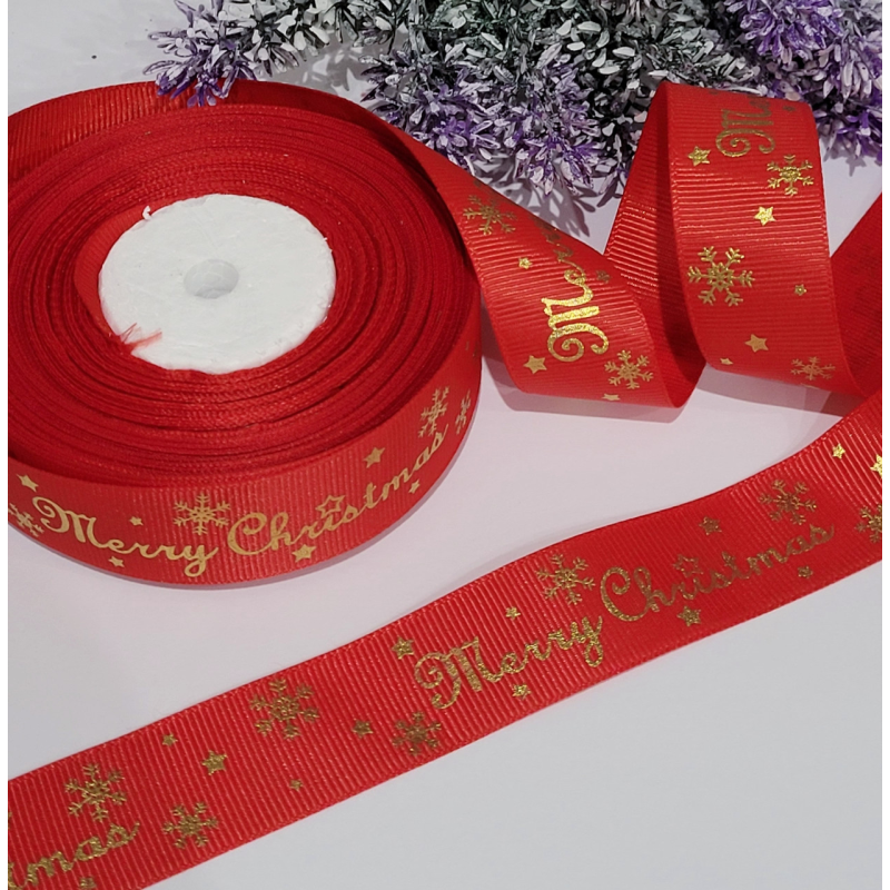 Стрічка репс 2,5см Merry Christmas червоний Стрічка репс 2,5см Merry Christmas червоний