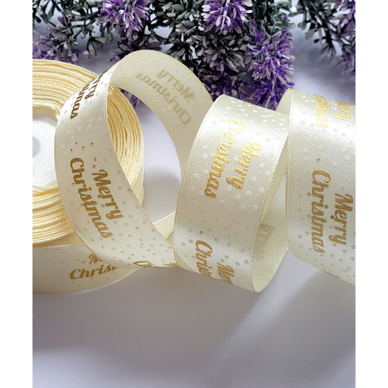 Стрічка атлас 2,5см Merry Christmas молочний