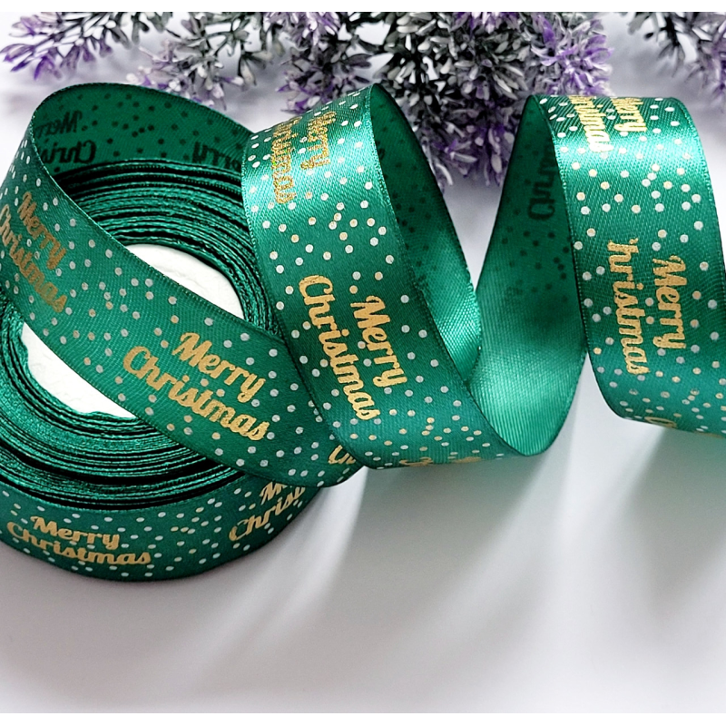 Стрічка атлас 2,5см Merry Christmas зелений