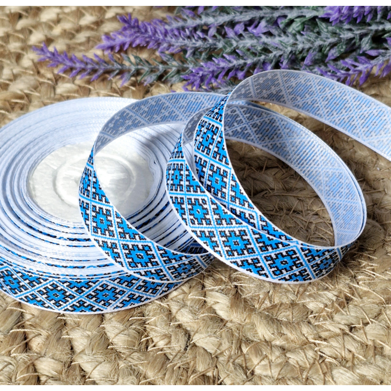 Стрічка репс 1,5см Орнамент ромб синій Стрічка репс 1,5см Орнамент ромб синій