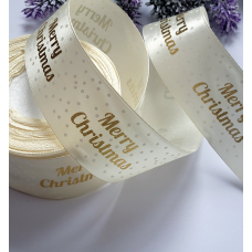 Атласна стрічка 4см Merry Christmas   молочний