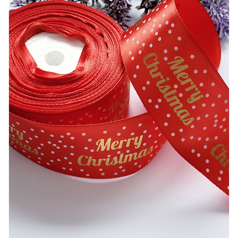 Атласна стрічка 4см Merry Christmas червоний Атласна стрічка 4см Merry Christmas червоний