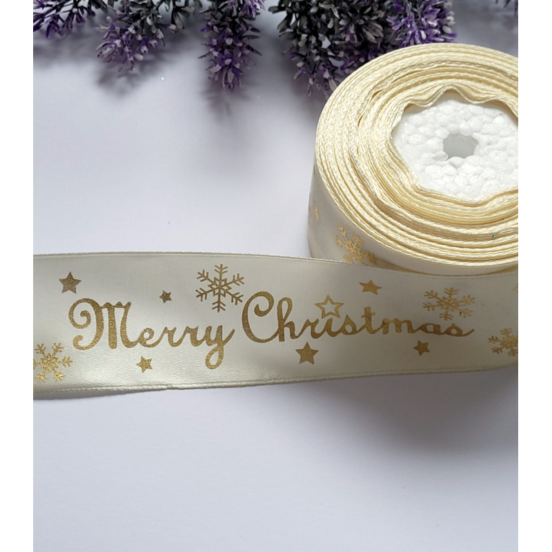 Атласна стрічка 4см Merry Christmas молочний Атласна стрічка 4см Merry Christmas молочний
